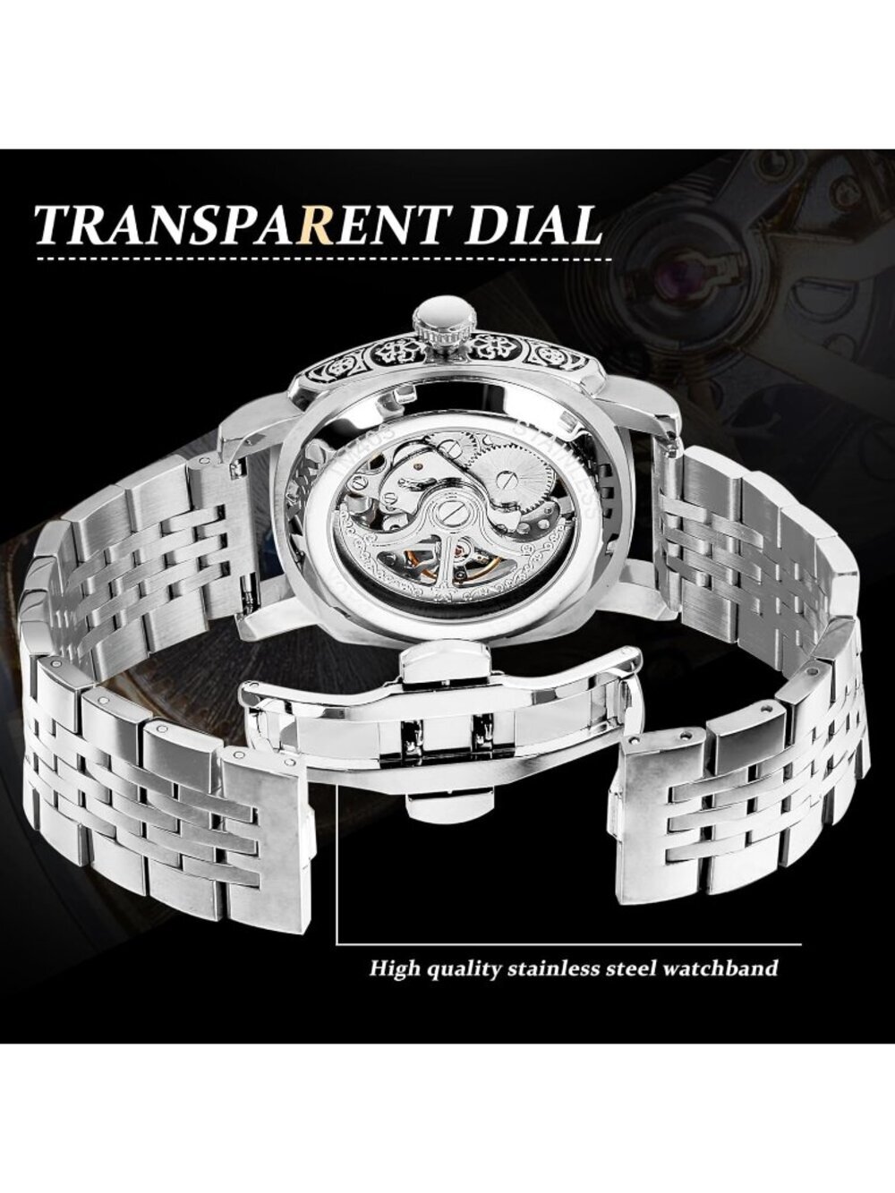 Men's Silver Square Mechanical Stainless Steel Self-Wind Carved Automatic Watch - Picture 4 of 7